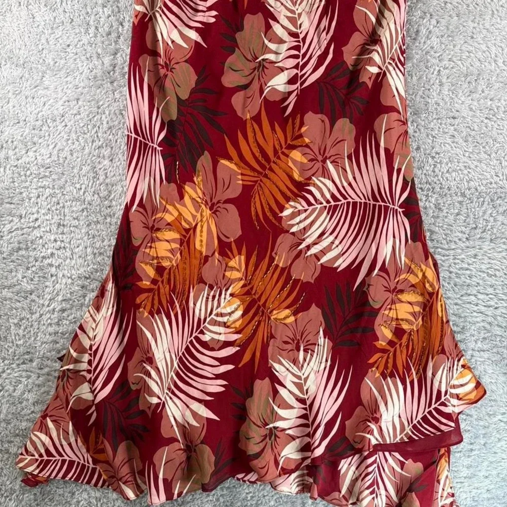Red‎ floral silk maxi skirt with ruffle hem